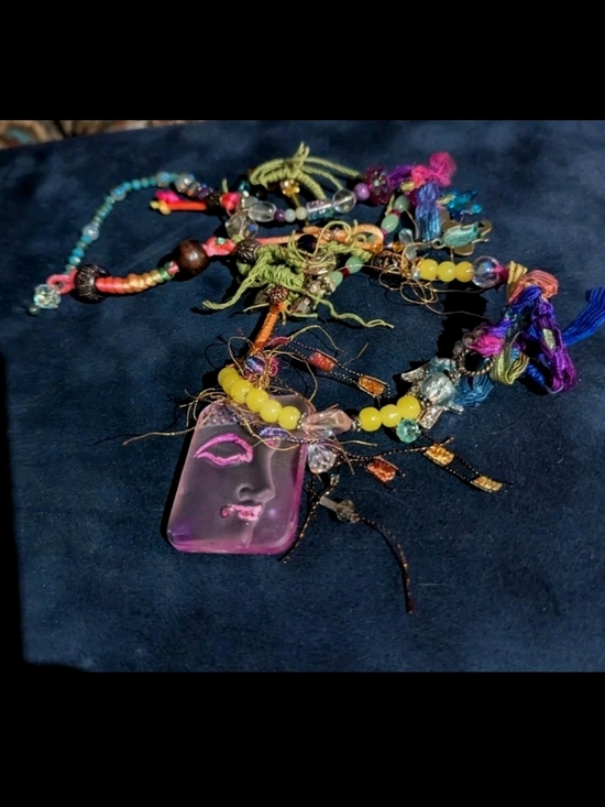 Jewelry - Bohemian Pink Buddha Glass Pendant Necklace with Multicolor Beads